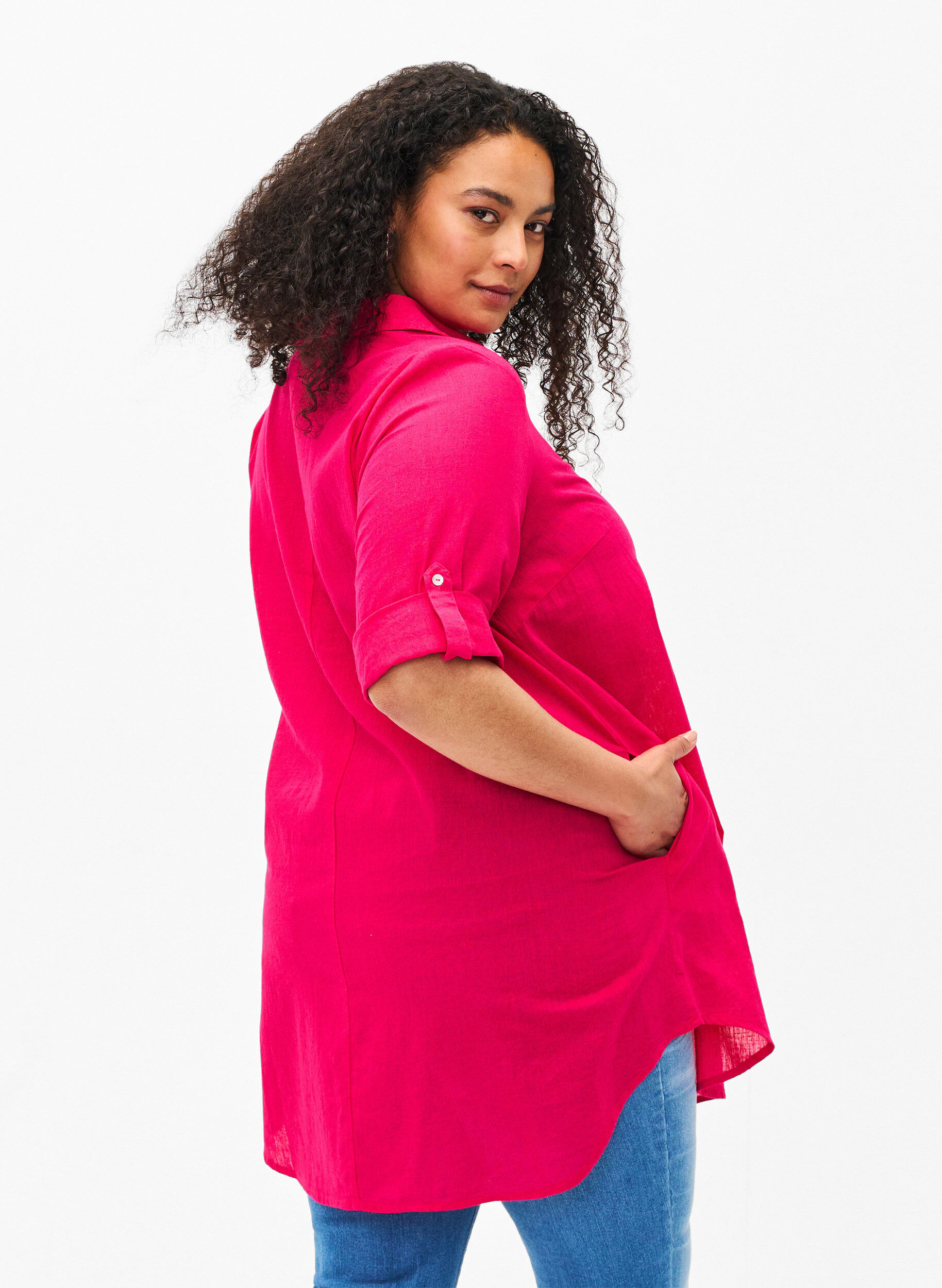 Zizzi Kort&auml;rmad tunika i bomullsblandning med linne, Bright Rose, Model image number 1