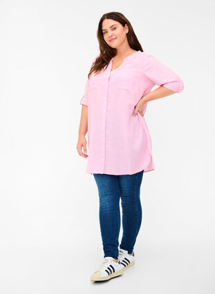 Skjortblus med v-ringning och fickor, Cameo Pink, Model image number 2