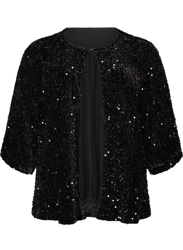 Cardigan med paljetter och 3/4-&auml;rmar, Svart, Packshot image number 0
