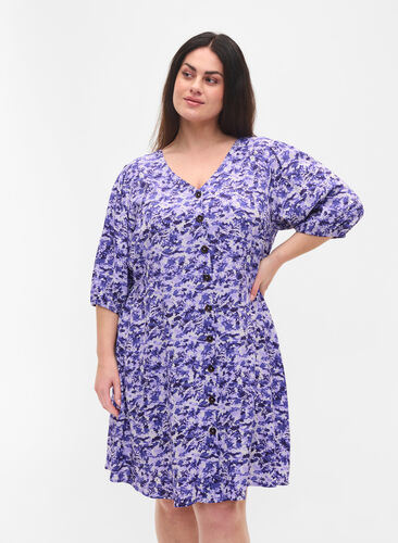 Klänning med knappar och 3/4 ärmar, Purple AOP, Model image number 0
