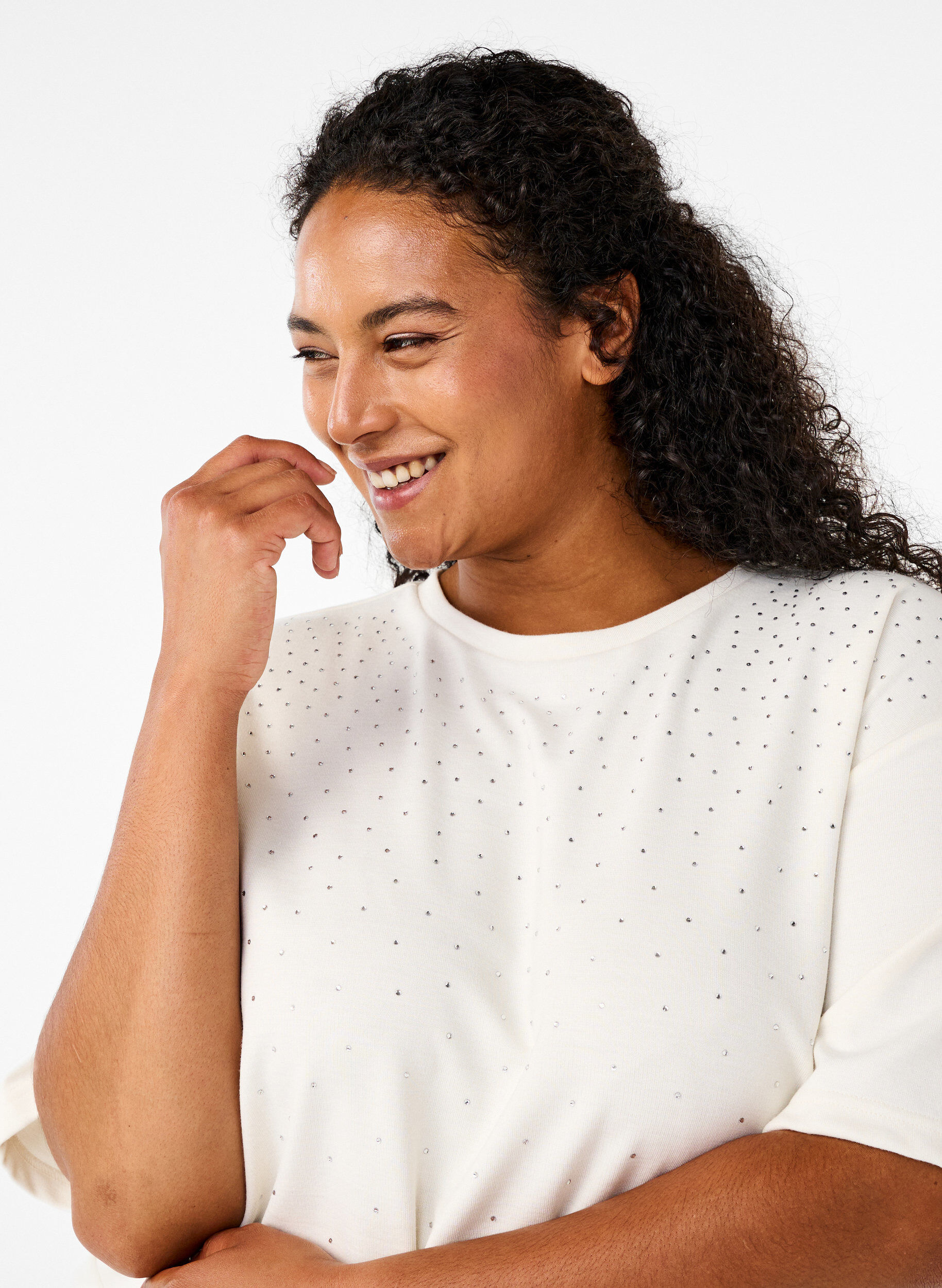 Zizzi T-shirt med strassstenar och rund hals, Vit, Model image number 3