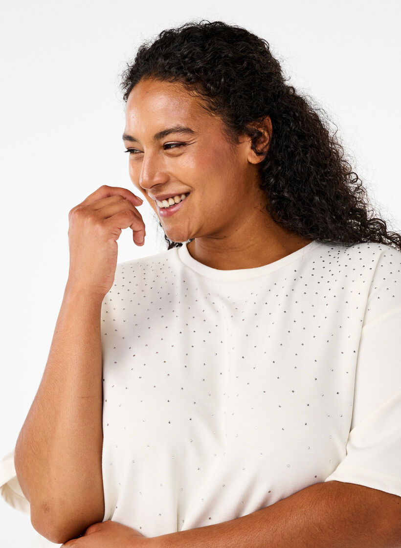 T-shirt med strassstenar och rund hals, Vit, Model image number 3