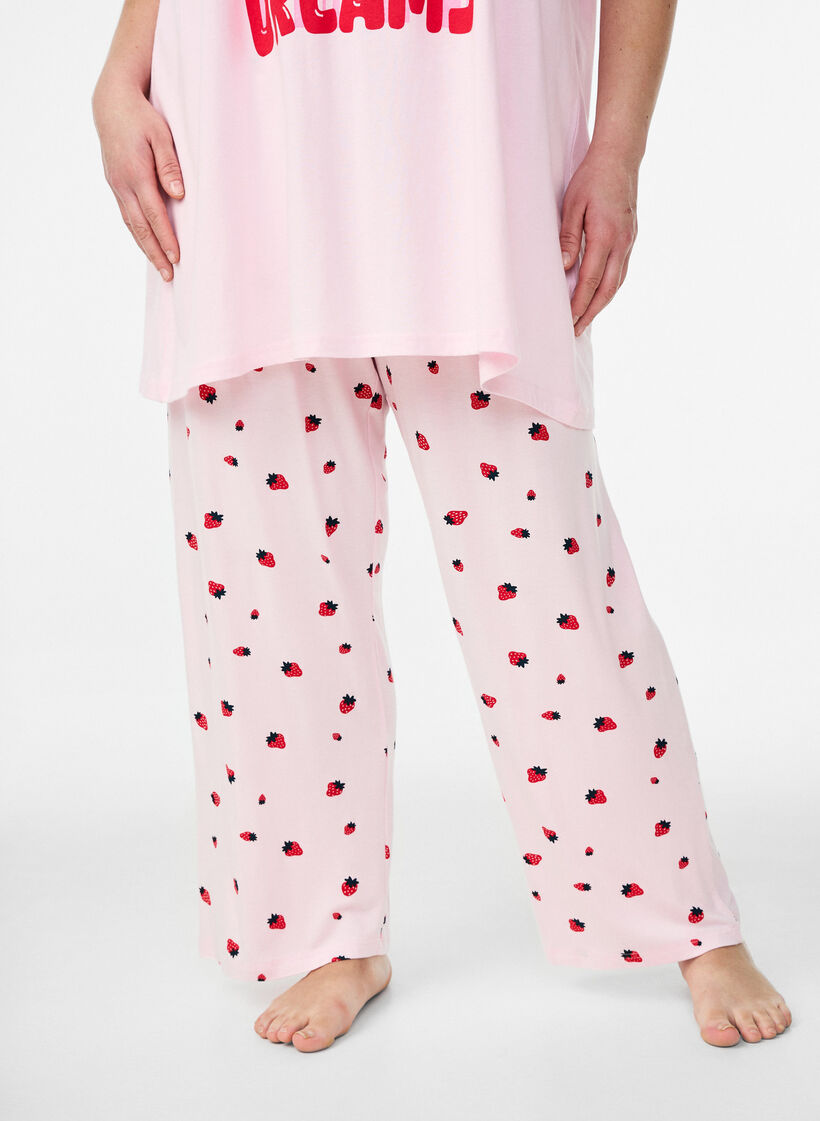 Pyjamasbyxor i mjuk jersey med h&ouml;g midja och fruktm&ouml;nster, Rosa, Model image number 2