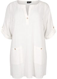 3/4-ärmad tunika i bomullsblandning med linne, Off-White