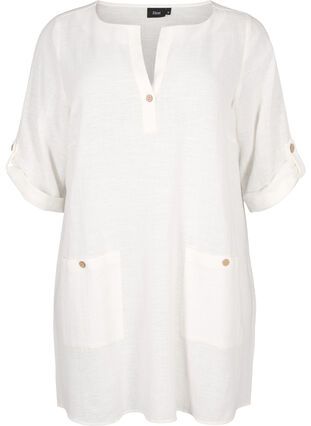 3/4-ärmad tunika i bomullsblandning med linne, Off-White, Packshot image number 0