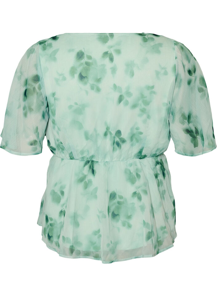 Blus i chiffong med blommor och korta &auml;rmar, Gr&ouml;n, Packshot image number 1