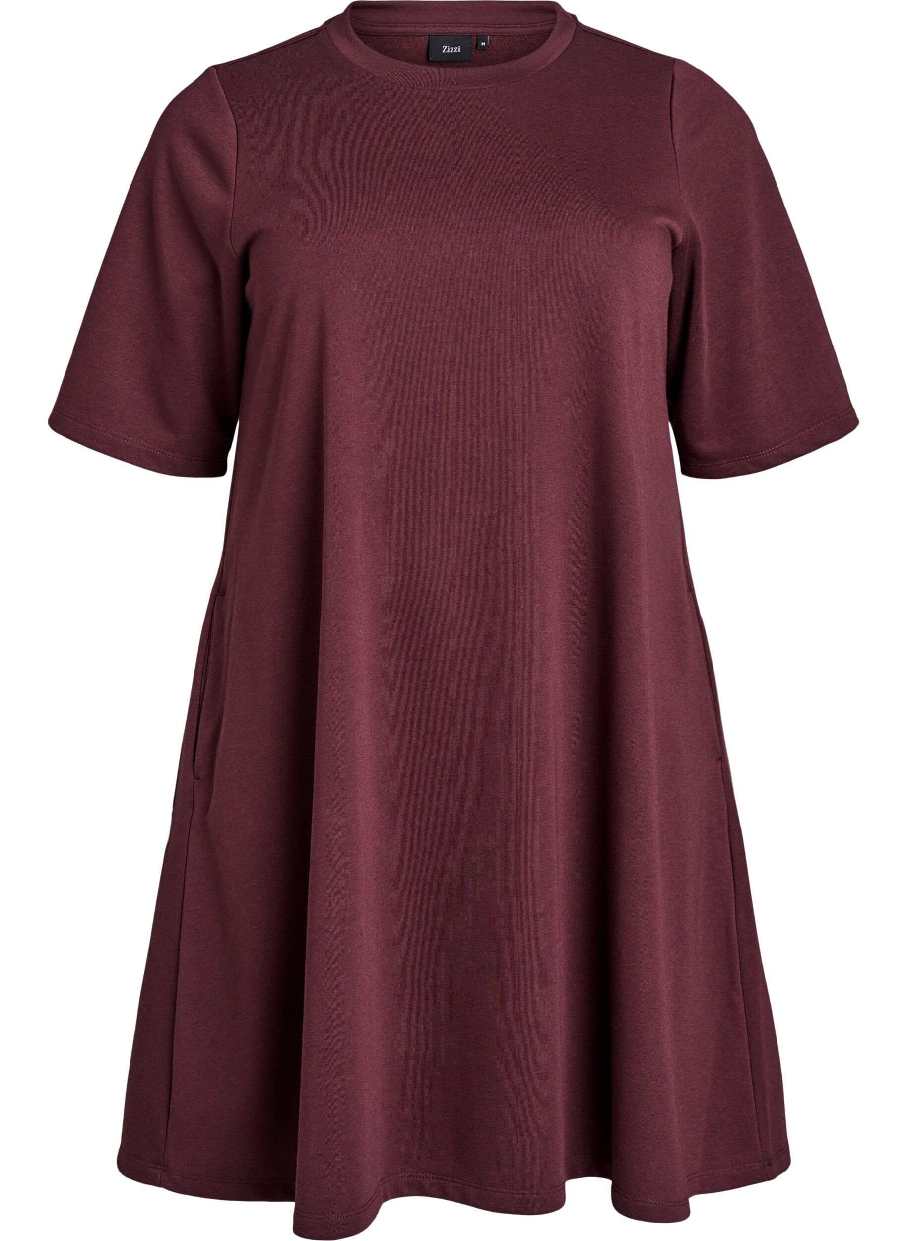 Zizzi Kn&auml;l&aring;ng jerseykl&auml;nning med fickor och A-linjeform, M&ouml;rk Bordeaux, Packshot image number 0