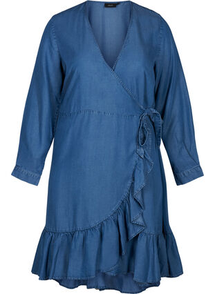 Kort omlottklänning i lyocell, Mid blue denim, Packshot image number 0