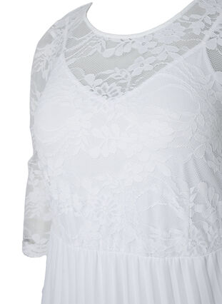 Plisserad klänning med spets och 3/4-ärmar, Bright White, Packshot image number 2