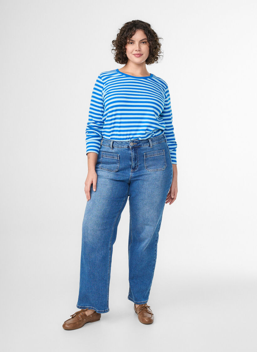 Randig blus med l&aring;nga &auml;rmar, Bl&aring;, Model image number 1