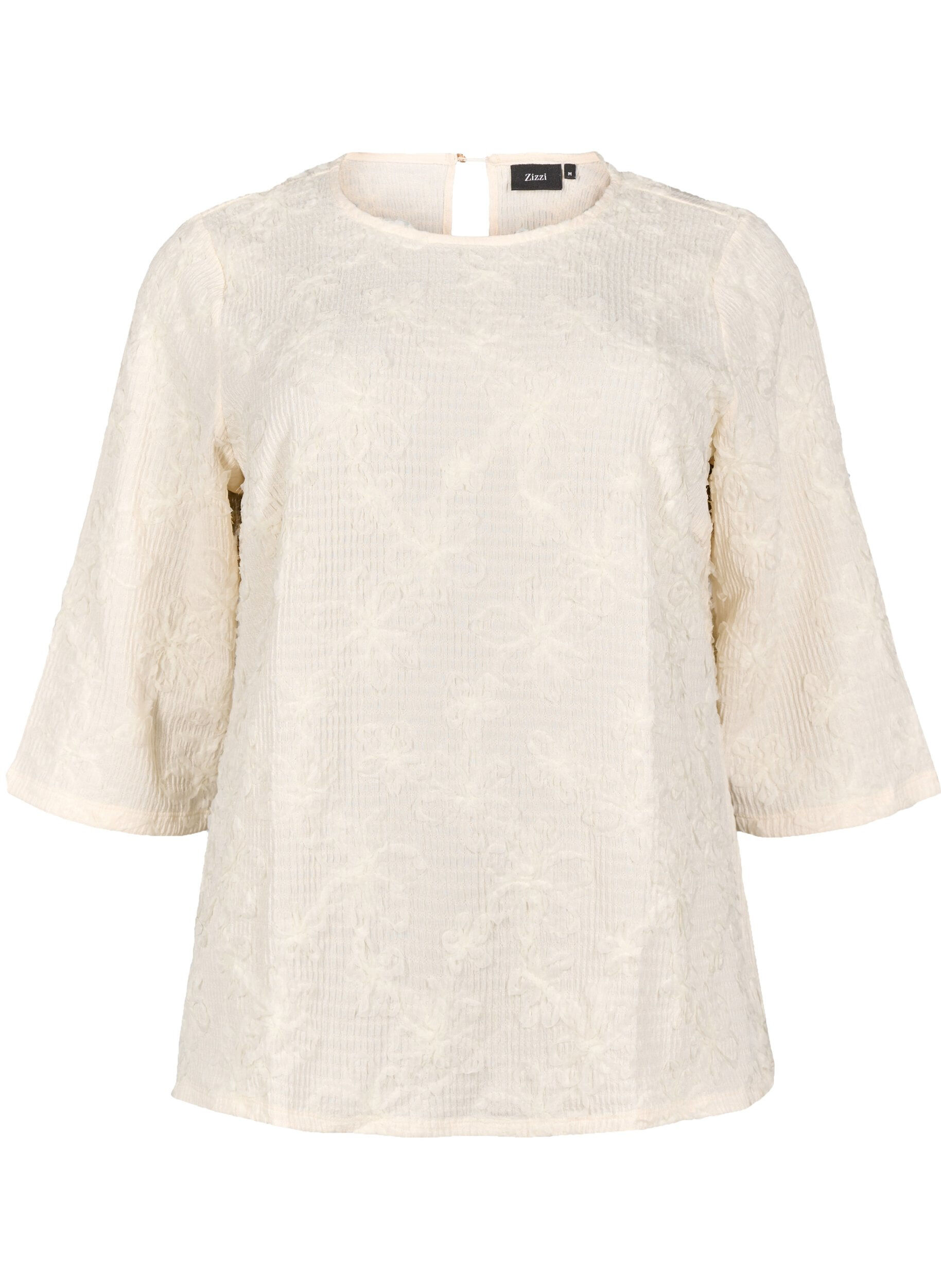 Zizzi Blus med trekvarts&auml;rmar och 3D-blommor, Warm Off-white, Packshot image number 0