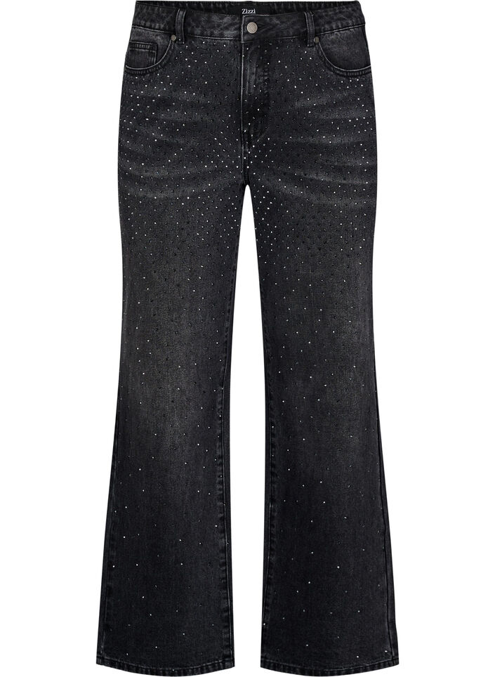 Raka jeans med strass och hög midja, Grå, Packshot image number 0