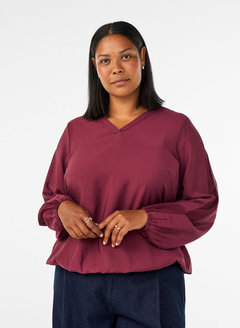 Blus med ballongeffekt och chiffongdetaljer, R&ouml;d, Model image number 0
