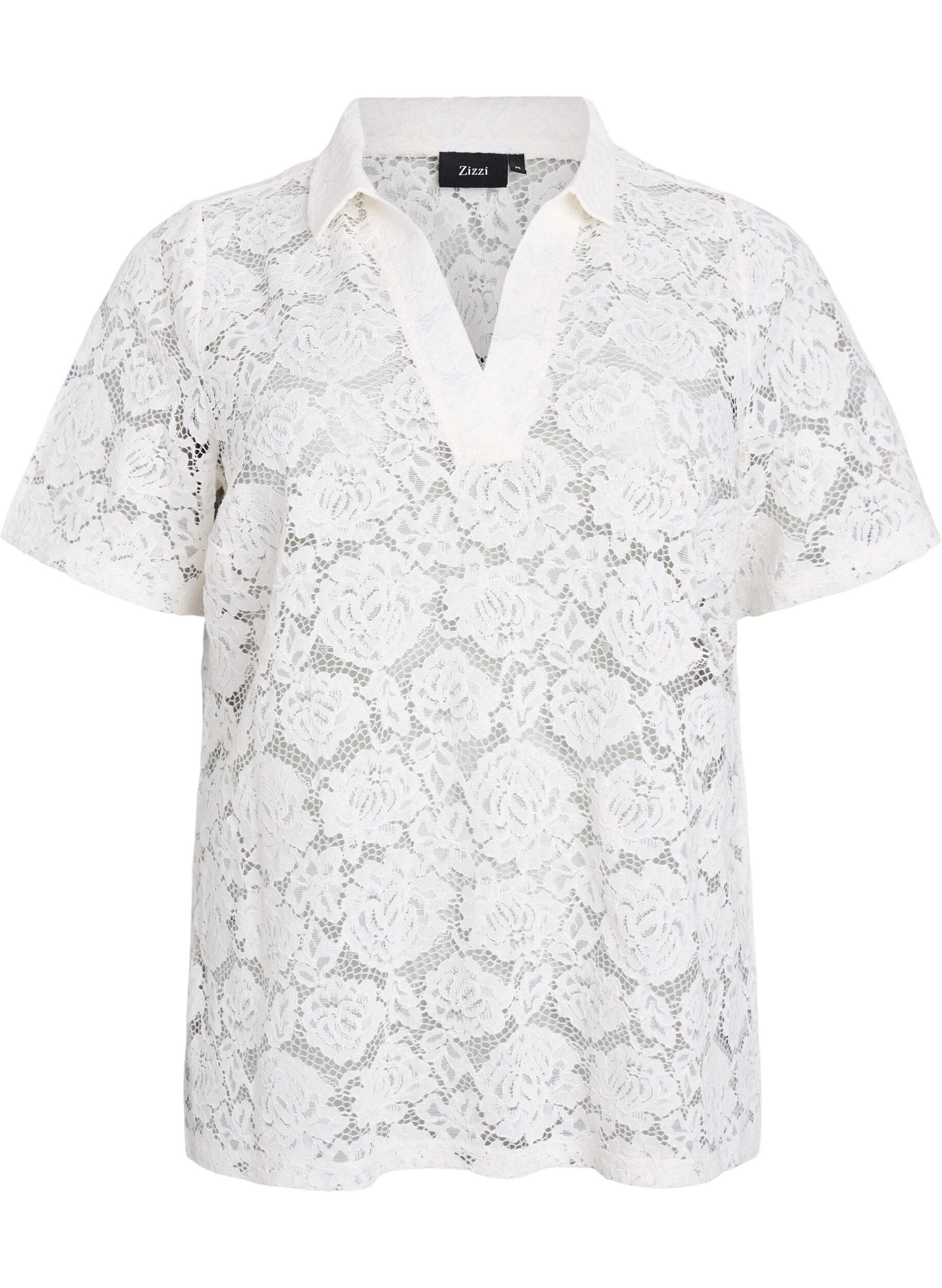 Zizzi Spetsblus med krage och V-ringning, Vanilla, Packshot image number 0