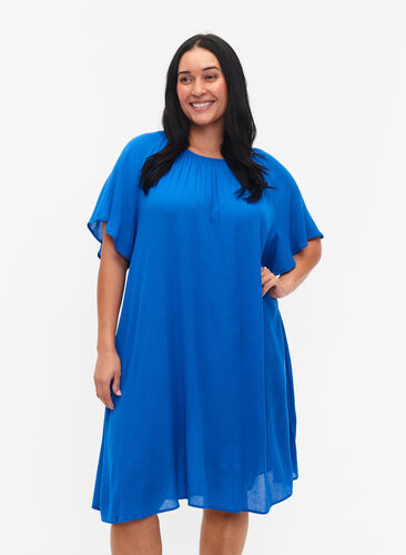 Klänning i viskos med korta ärmar, Victoria blue, Model image number 0