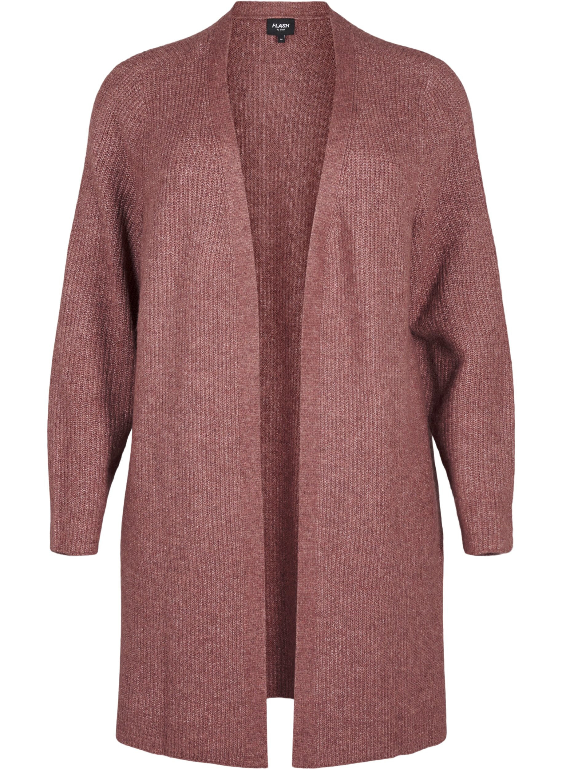 Zizzi FLASH - Ribbstickad cardigan med slitsar, Rose Brown Melange, Packshot image number 0