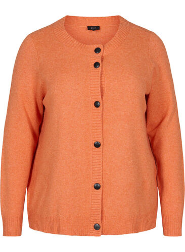 Kort stickad kofta med kontrastfärgade knappar, Mandarin Orange Mel, Packshot image number 0