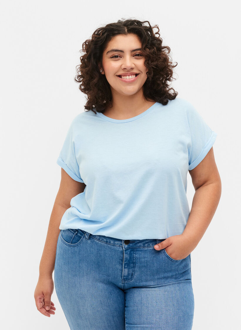 Kortärmad t-shirt i bomullsmix, Chambray Blue , Model image number 0