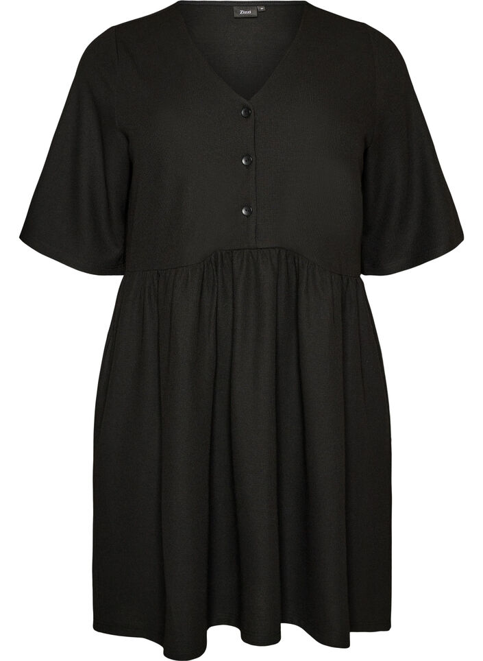 Kl&auml;nning med ribbad textur och empirsk&auml;rning, Svart, Packshot image number 0