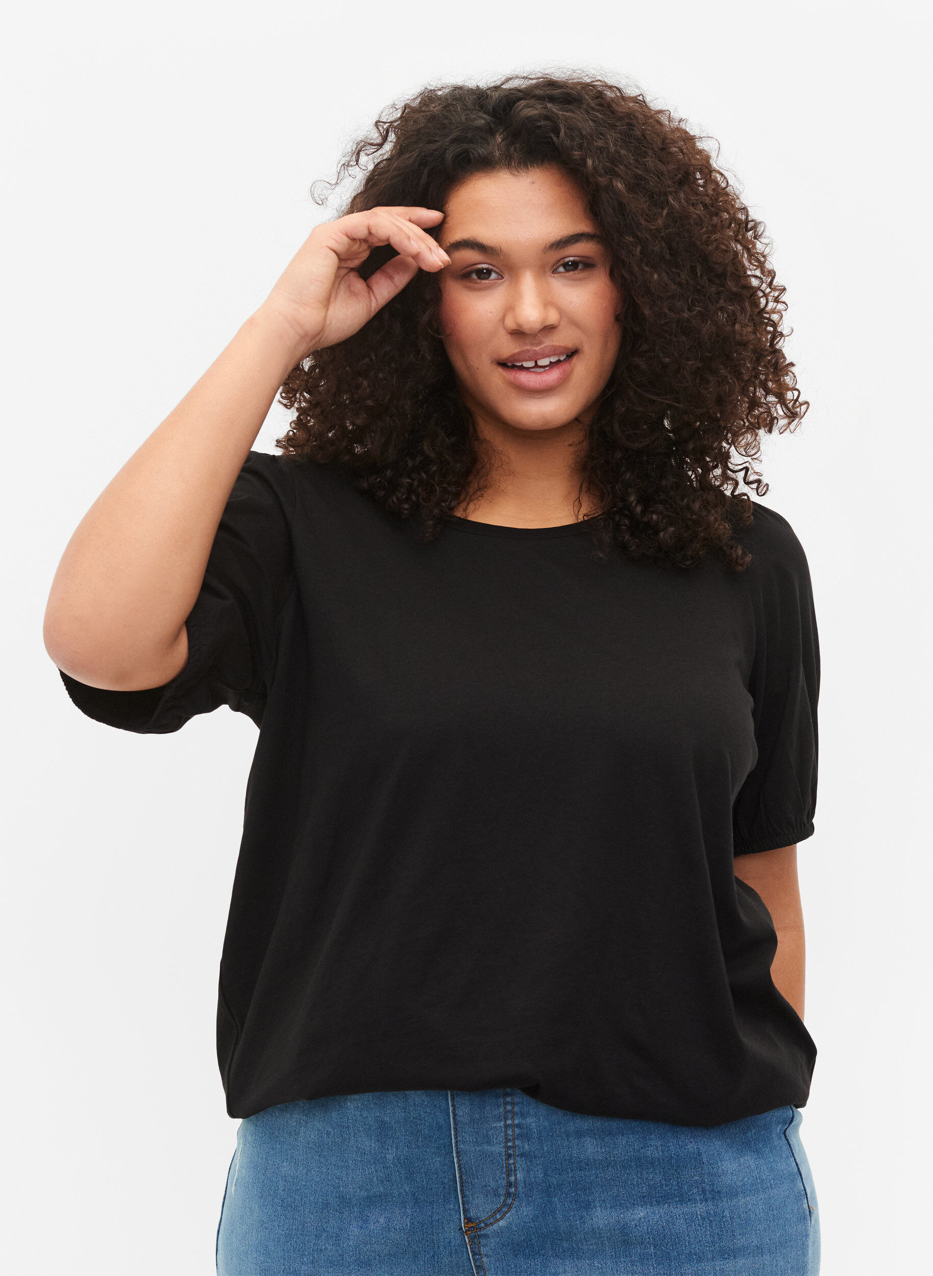 Zizzi T-shirt i bomull med 2/4-&auml;rmar, Black, Model image number 0