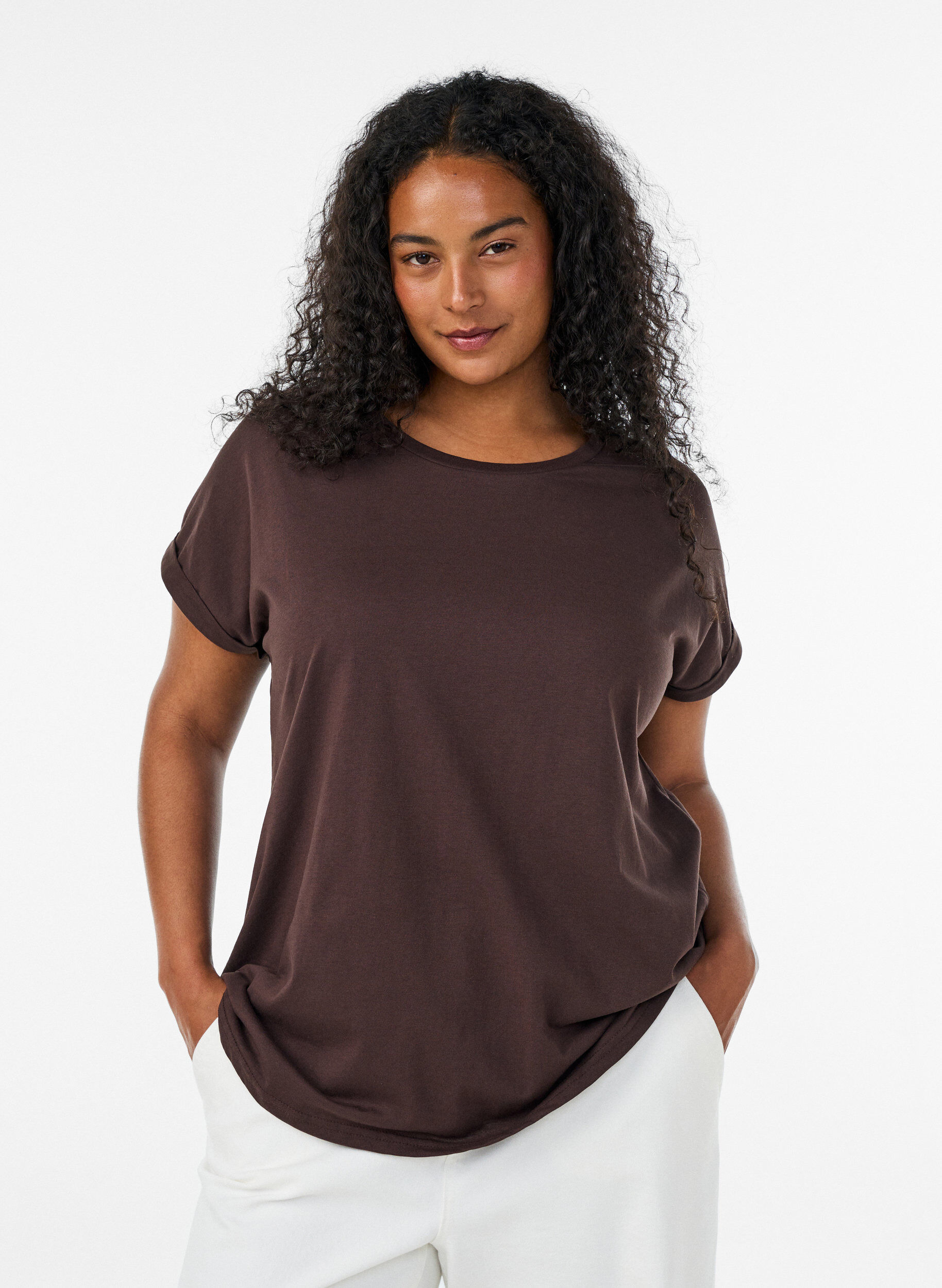 ZizziKort&auml;rmad t-shirt i bomullsmix, Brun, Model image number 0