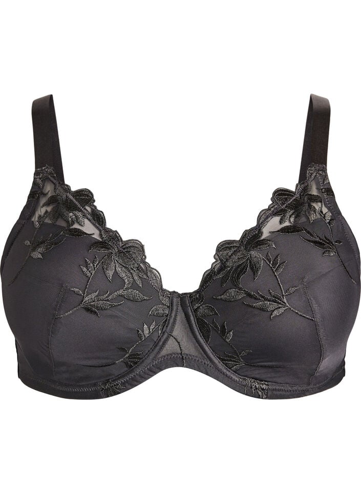 Vadderad bygel-bh med broderi, Svart, Packshot image number 0