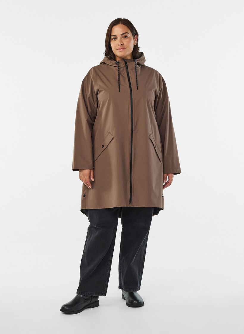 Regnjacka med fickor och huva, Brun, Model image number 1