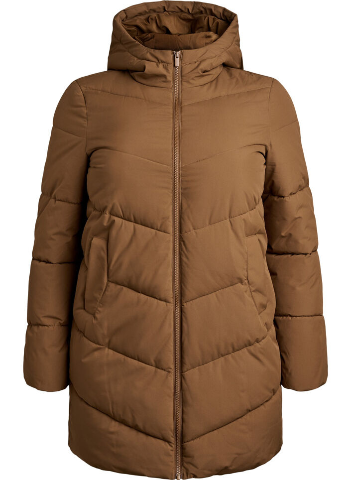 Halvl&aring;ng pufferjacka med huva, Brun, Packshot image number 0