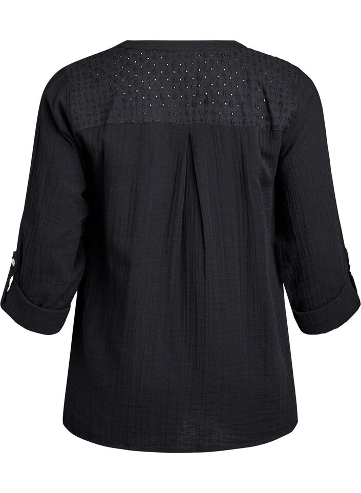 Blus i bomullsmuslin med broderie anglaise, Svart, Packshot image number 1