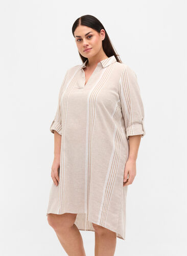 Randig klänning i bomull och linne, White Taupe Stripe, Model image number 0