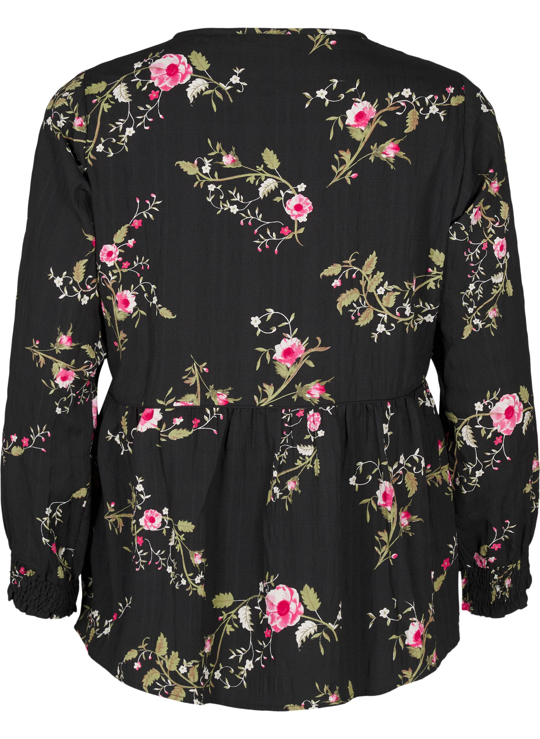 Zizzi L&aring;ng&auml;rmad blus med blomm&ouml;nster, Svart, Packshot image number 1