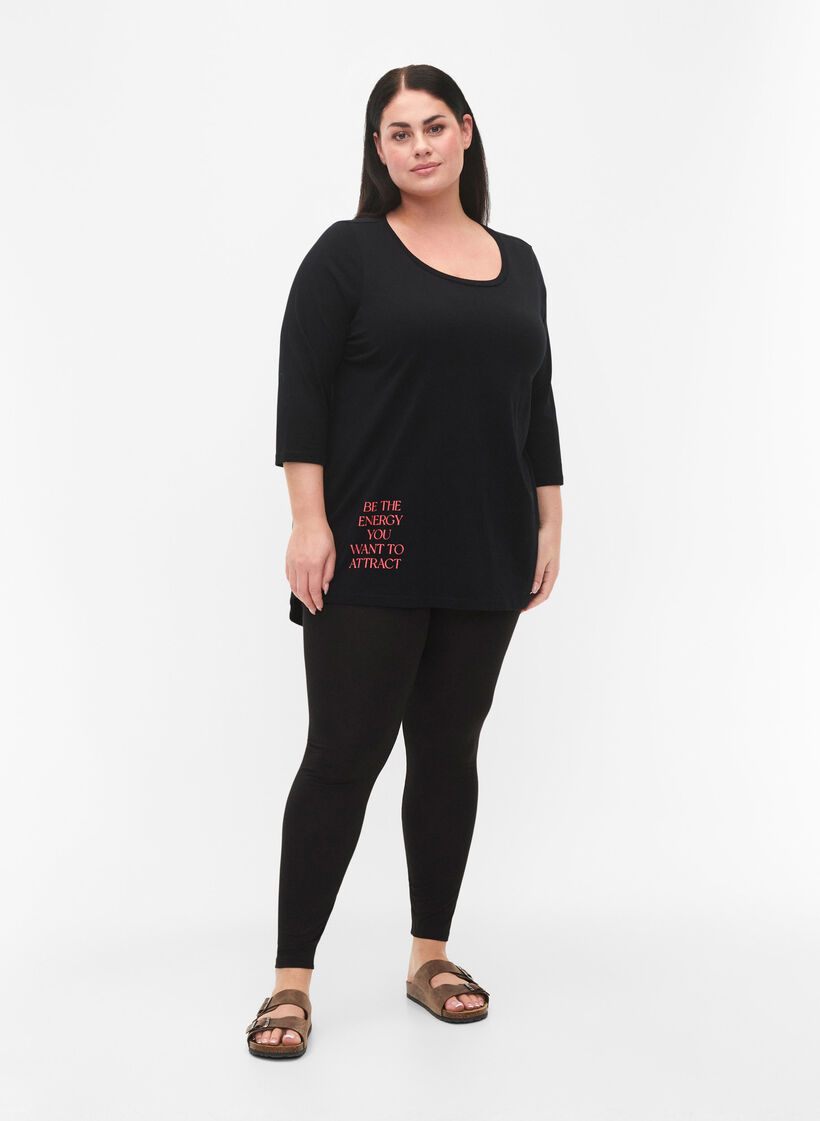 T-shirt i bomull med 3/4-ärmar, Black, Model image number 2