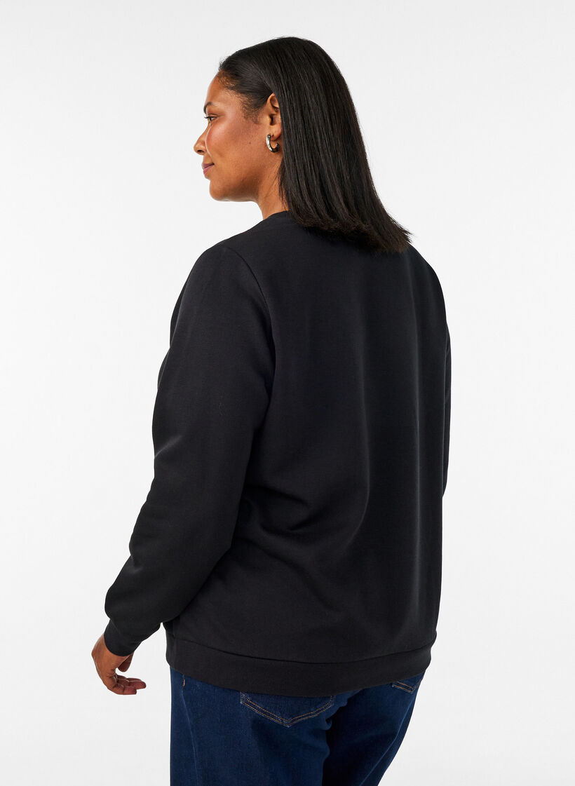 Sweatshirt med rosentryck och strass, Svart, Model image number 2