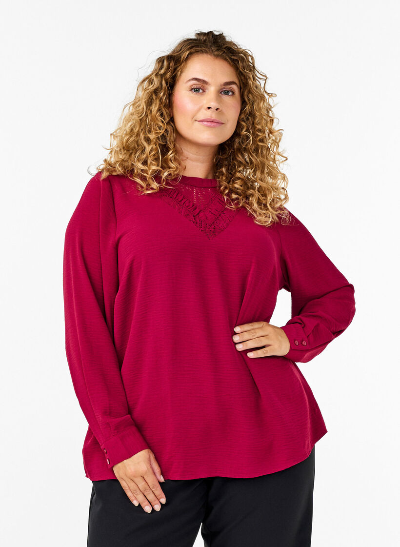 Blus med spetsdetalj, Red Plum, Model image number 0