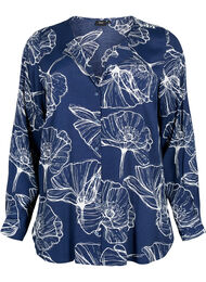 Långärmad viskosskjorta med blommönster, Navy B./Big Fl.AOP