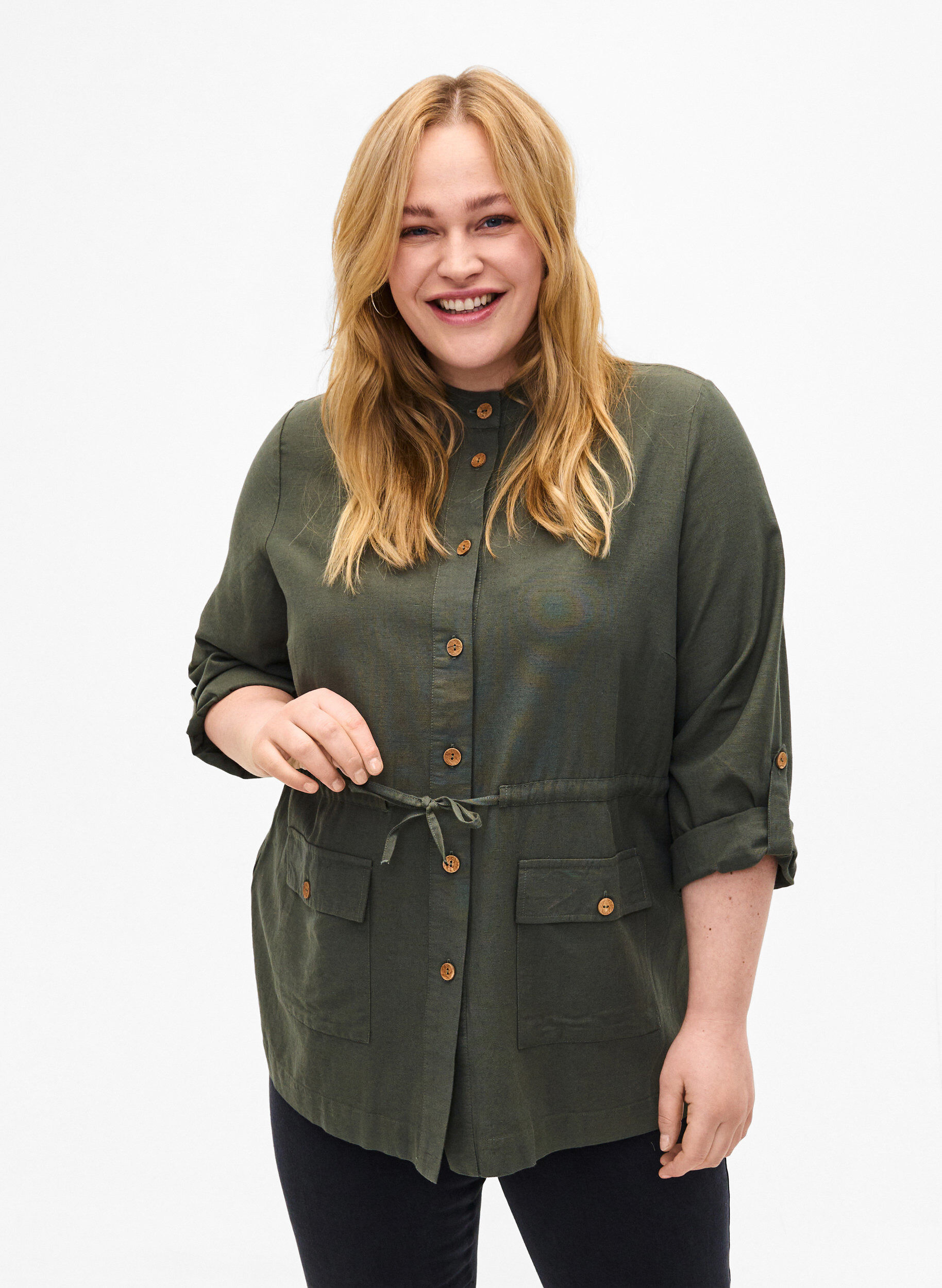 Zizzi Skjorta i linneblandning med fickor, Thyme, Model image number 0