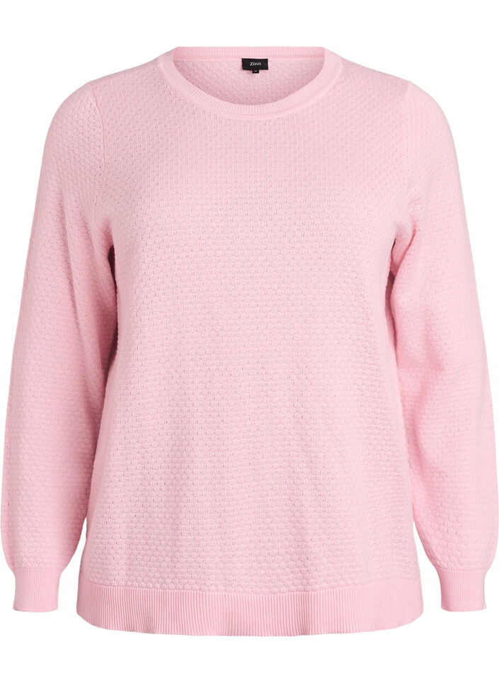 Stickad blus i bomull med strukturmönster, Rosa, Packshot image number 0