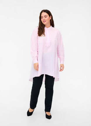 Randig bomullsskjorta med volanger, Pink Stripe, Model image number 3
