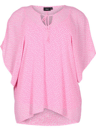 Mönstrad blus med knytband och korta ärmar, Pink Ditzy Flower, Packshot image number 0