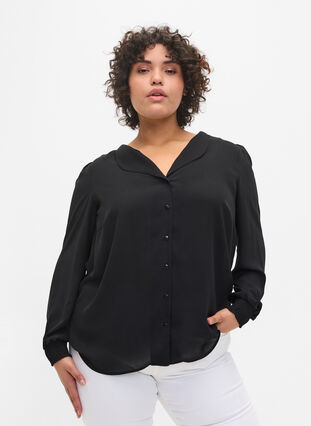 Skjorta med v-ringning och smock, Black, Model image number 0