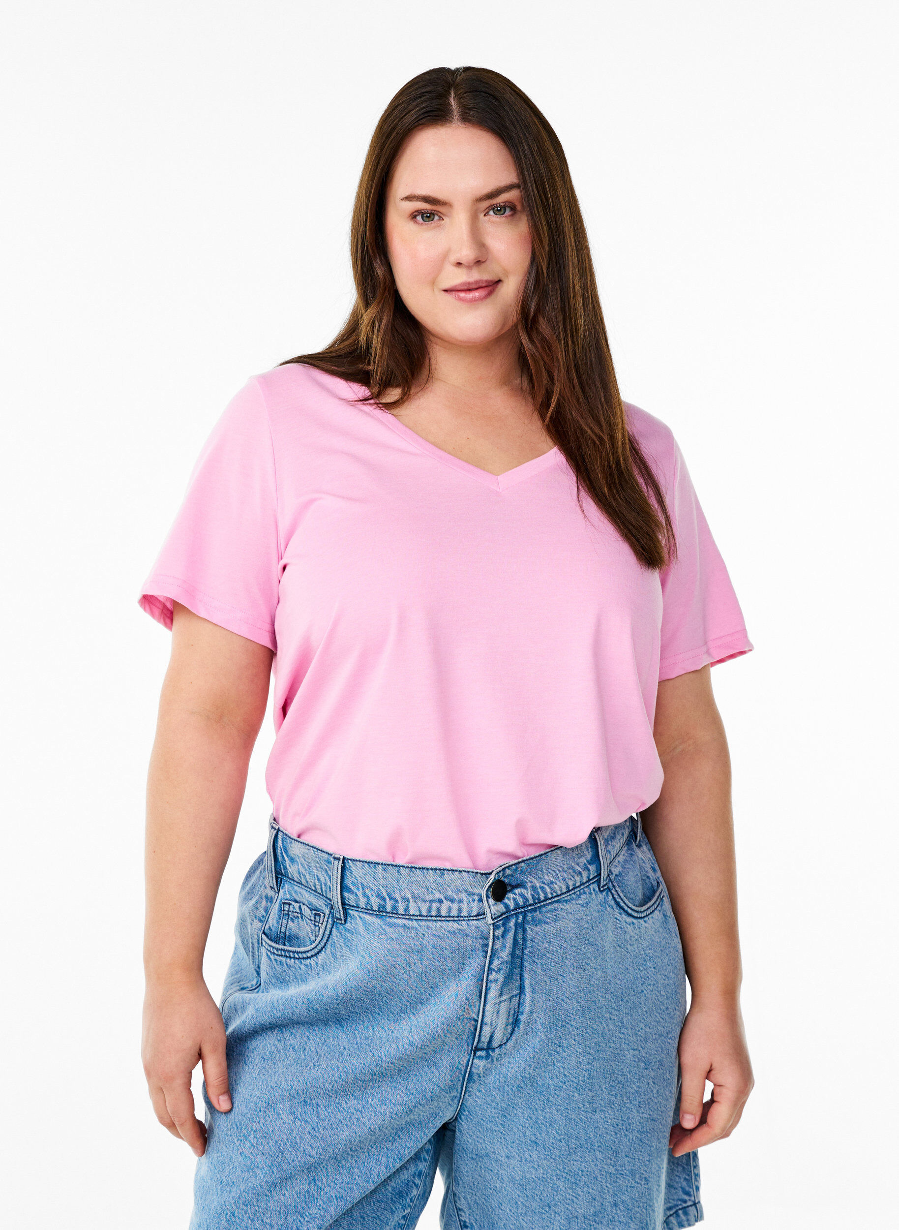 ZizziKort&auml;rmad t-shirt med v-hals, Rosa, Model image number 0