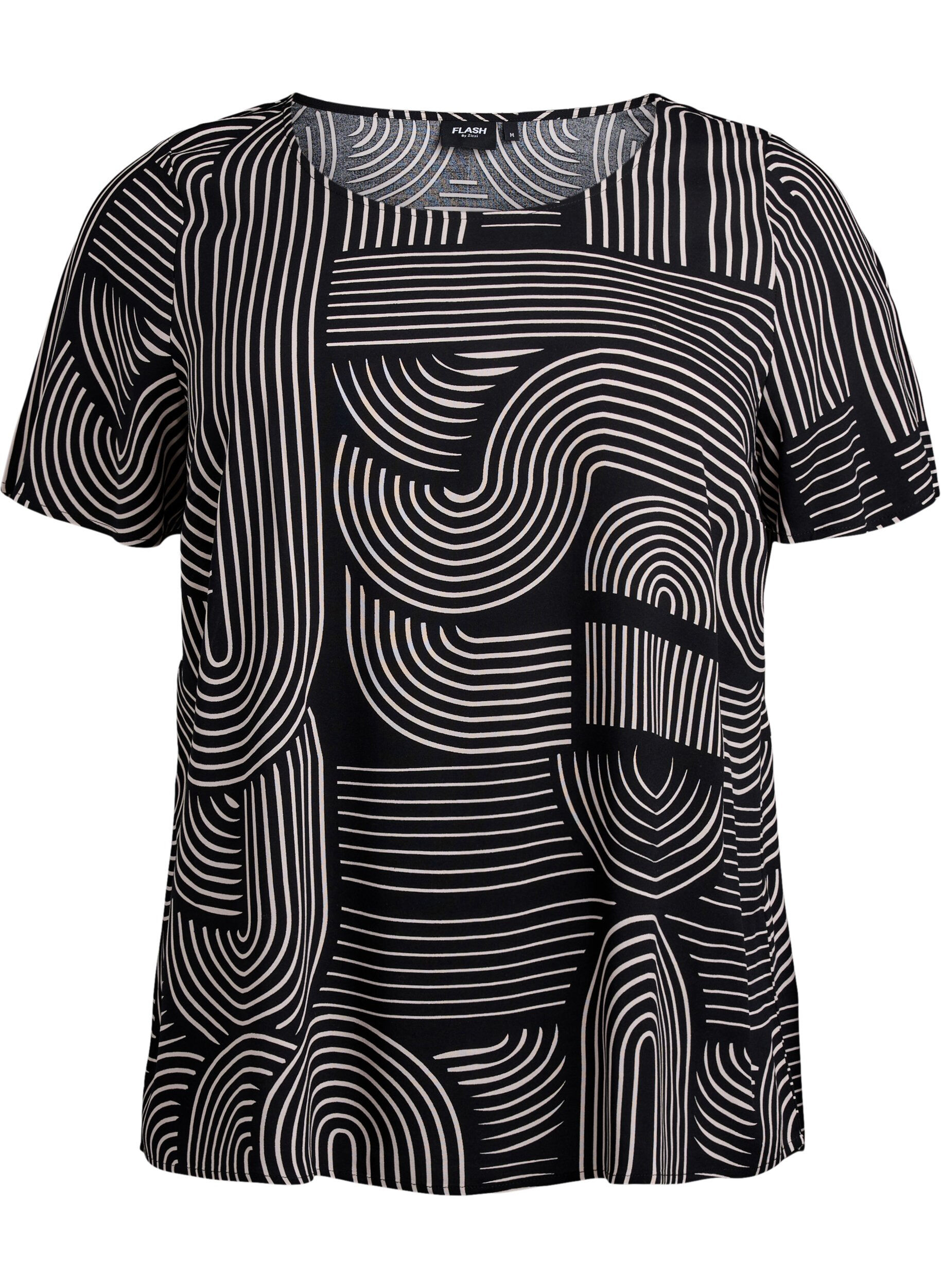 Zizzi FLASH &ndash; Kort&auml;rmad viskosblus med tryck, Svart, Packshot image number 0