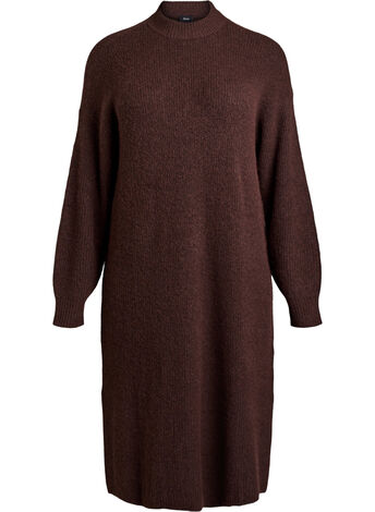 Lång stickad klänning med hög hals, Brun, Model
