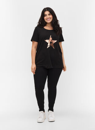 Kortärmad bomulls t-shirt med tryck, Black w. star copper, Model image number 2