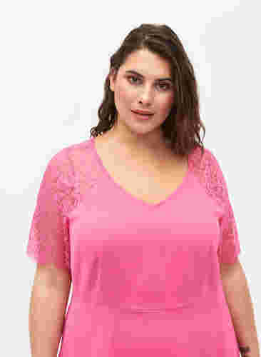 Midiklänning med korta spetsärmar, Shocking Pink, Model image number 1