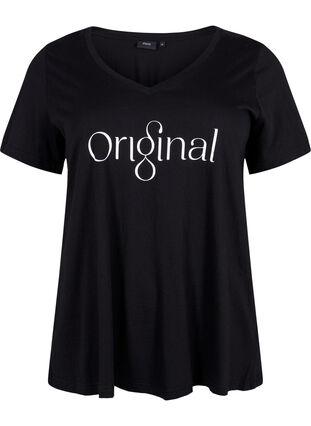 V-ringad t-shirt i bomull med texttryck, Black ORI, Packshot image number 0