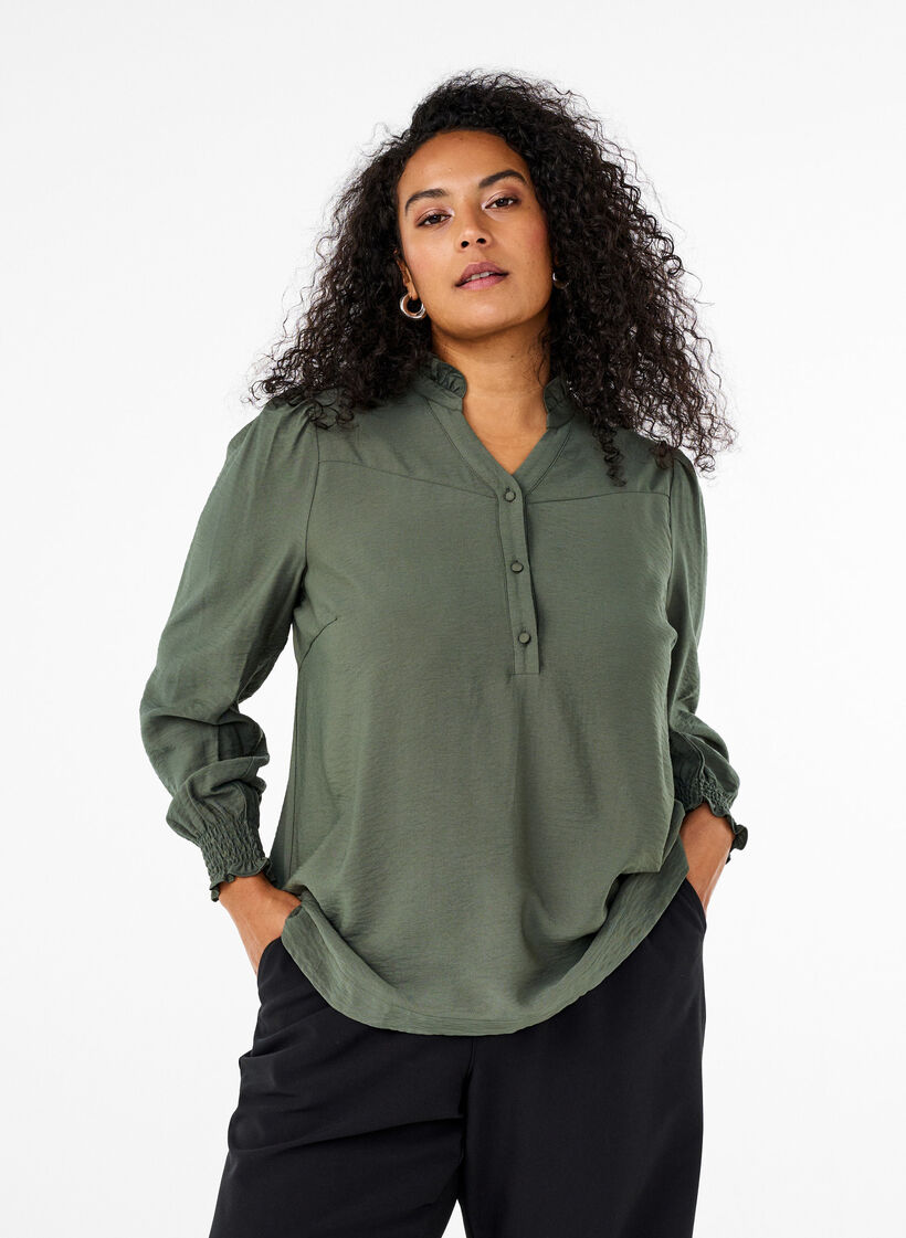 Blus med volangkrage, Grön, Model image number 0