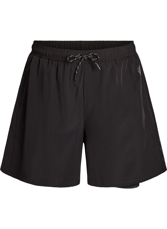 Tr&auml;ningsshorts med innershorts och en mobilficka, Svart, Packshot image number 0