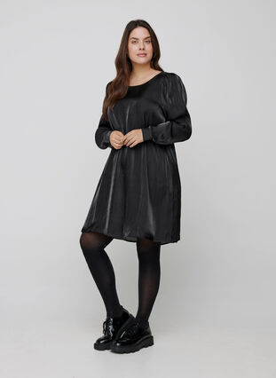 Klänning med skimmer och långa puffärmar, Black, Model image number 3