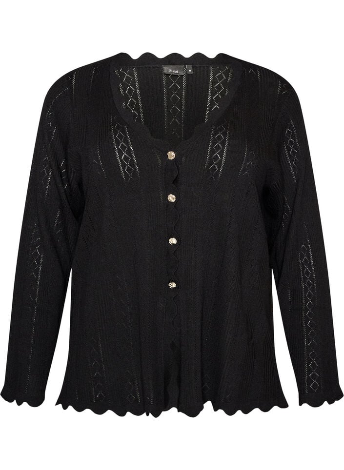 Cardigan with eyelet embroidery and wavy edges, Black, Packshot image number 0